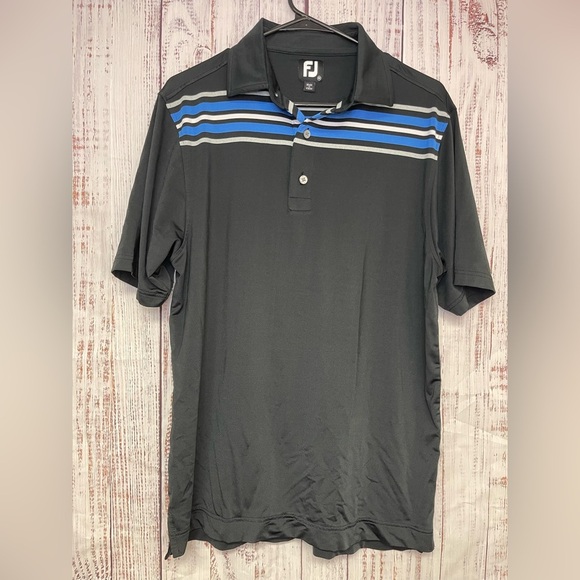 Footjoy Performance Short Sleeve Golf Shirt Black Blue Stripes Men's Medium - Picture 1 of 7